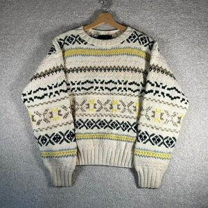 Vintage women's hand knit cotton cream pastel patterned knit sweater